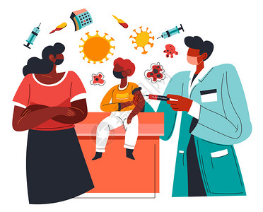 2019冠状病疾病给生病人接种疫苗和保健服务实验室工作人员插画