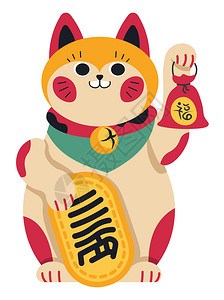 汤姆猫钱素材用挥手爪日本或的幸运成功和繁荣的象征物微笑猫Manekineko用象形文字在纪念品店里玩的雕像孤立象形动物平板的矢量中文或日本人插画