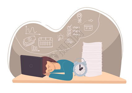 著作学生睡在笔记本电脑上用完的雇员或疲劳自由职业者工作狂或有写和时钟板的经理期限和时间管理问题耗竭平板式的矢量插画