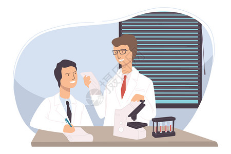 显微镜检测从事疫苗或检测诊断工作的医生或科学家在诊所或医院工作的人员插画