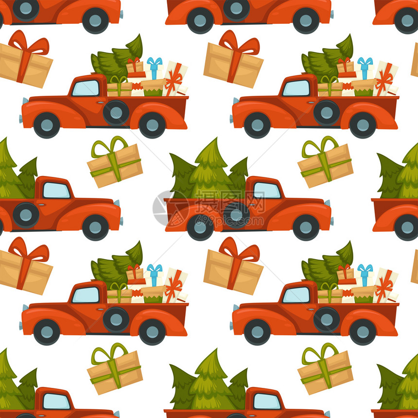 装满松树的Van车和装满松树的和庆祝圣诞节新年的礼物Van车图片