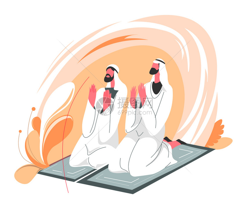 坐在地毯上和一起祈祷的伊斯兰人男穿着传统的服装上面举起手来在祈祷中与阿拉说话东文化和宗教平板式的病媒男人坐在地毯上和祈祷矢量男人图片