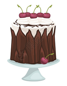 宁式鳝丝甜巧克力蛋糕用可和肉桂制成装饰用新鲜樱桃和慕丝装饰盘子餐厅或咖啡菜单的奶油顶部美味派面包店产品平式的矢量巧克力蛋糕甜圈和樱桃矢量插画