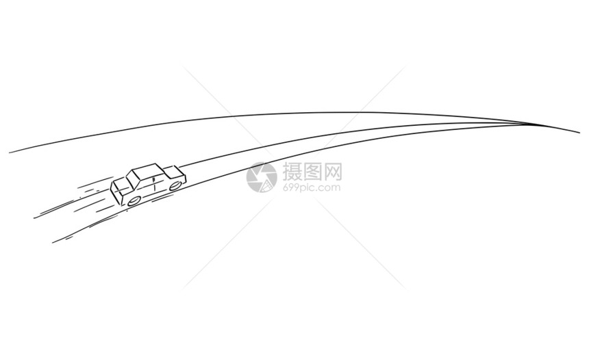 汽车在环形上行驶远在地平线后面概念图像矢量漫画插图汽车远在地平线上行驶矢量卡通说明图片