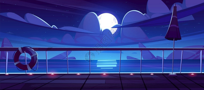 游轮甲板的夜视海景矢量插画背景图片