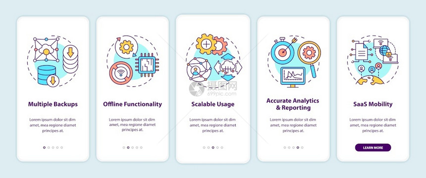 SaaSPros正在使用带有概念的移动应用程序页面屏幕多备份准确分析运动横穿5步的图形指示带有RGB颜色插图的UI矢量模板图片