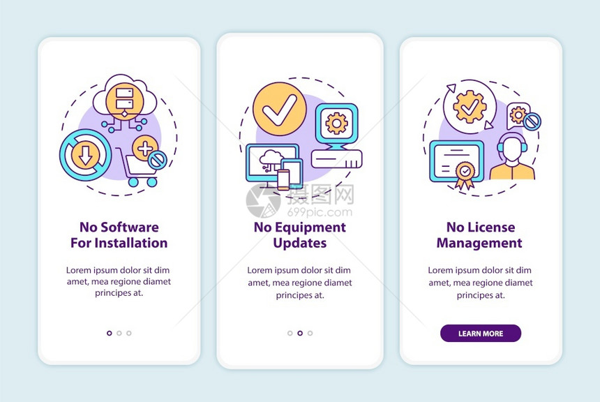 SaaS的好处加入带有概念的移动应用程序页面屏幕没有安装软件更新行进三步图形指示带有RGB颜色插图的UI矢量模板SaaS好处图片