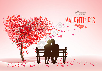 Valentier日假背景有心形树和情侣在长椅上相爱的概念矢量图片