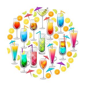 典型的鸡尾酒用莫吉托马提尼丁蓝哈瓦伊和水果片进行圆形设计图片
