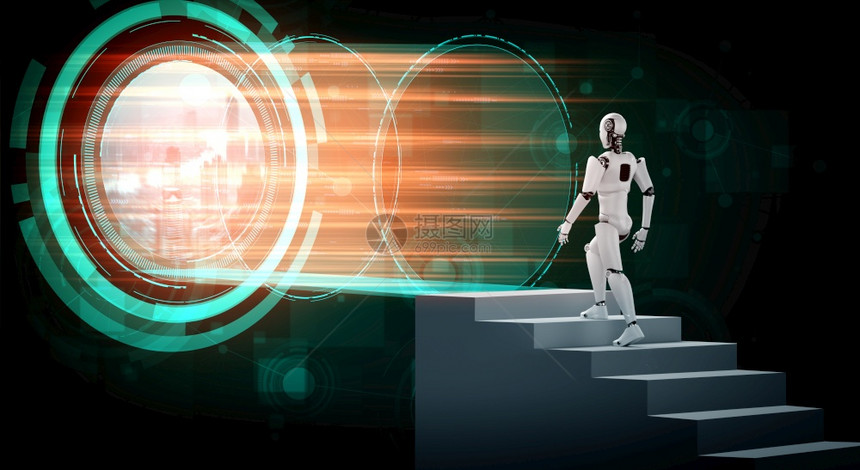 3D使机器人类走上成功和实现目标的楼梯AI概念是第四轮工业革命的大脑和机器学习过程图片