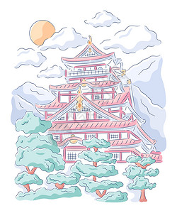 日本神道教建筑日本寺庙插画