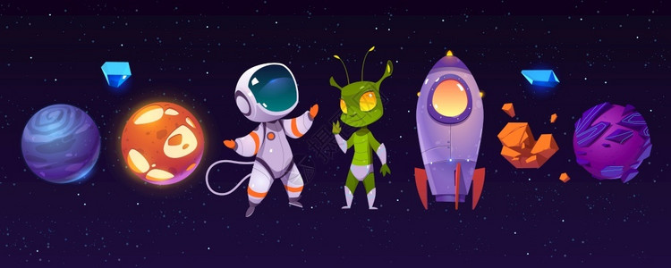 宇航员和宇宙元素卡通矢量插画图片