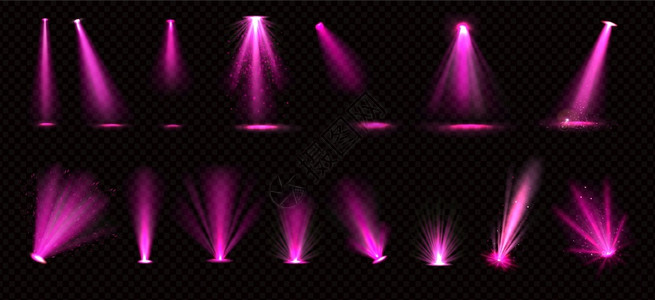 紫色舞台光束来自聚光灯和地面投影仪的粉红光束这些来自在透明背景中隔绝的聚光灯和地板投影仪矢量现实的光线有照明表演音乐会戏剧舞台或讲的光亮粉红插画