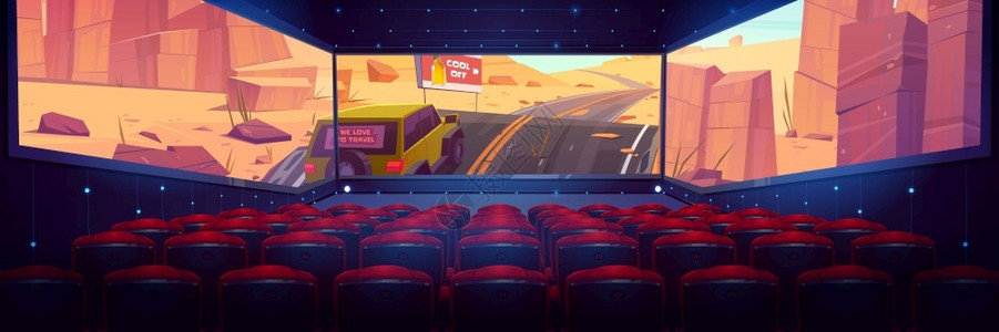 电影院厅三面全景屏幕和红色座位排成一的电影厅黑暗的矢量漫画内部背椅和3D视频以及沙漠路上的汽车在屏幕背景图片