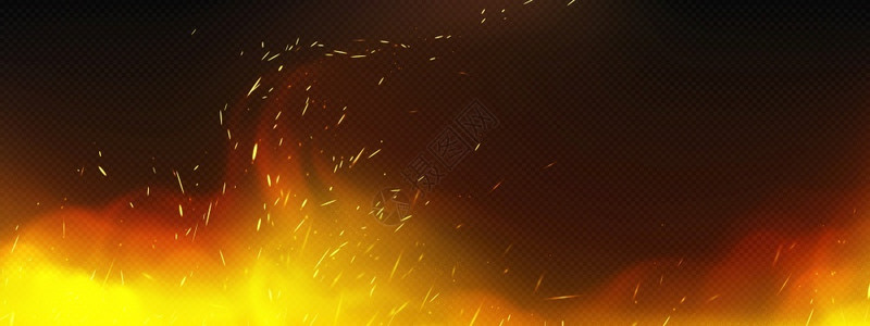播音主持火热招生中用烟雾和焊接火花的现实焰在透明背景中隔离的火焰燃烧营焰效应带蒸汽的亮橙色和黄闪光耀斑3D矢量图解模拟的火焰有烟雾和花背景的现实焰插画