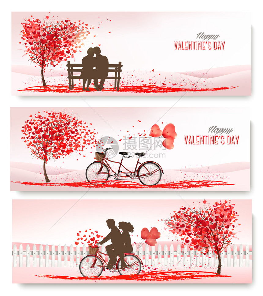 三个情人节和日旗上面有粉红树和心矢量图片