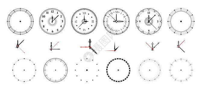 指手表时钟脸古老和现代手表拨号配有装饰和最小箭头罗马或阿拉伯数字和测量指示器调时计设样板包矢量圆时针设样板圆形钟面罗马或阿拉伯数字和指插画