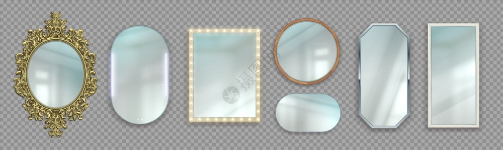 老式红镜子现实镜像3D圆形和矩反射面现代或经典和装饰的变形框架灯泡透明背景的矢量室内家具现代或经典和老式框架灯泡透明背景的矢量室内家具插画