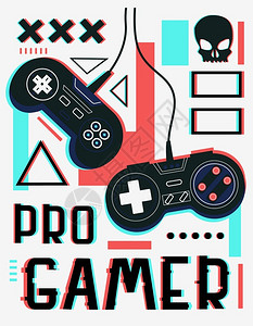 玩游戏海报Progamer概念黑线操纵杆和抽象几何方形带有装饰小结效果和涂鸦艺术元素的平板风格横幅矢量最小游戏板玩电子海报线操纵背景图片