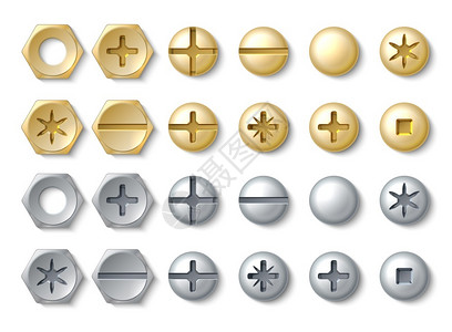 铁质圆钉Boltand螺旋现实的振动和不锈自制钉头银色或铜的硬件圆形或六金色铁质的组装用于修理的矢量建筑设备圆形和螺丝银色或铜质硬件矢量插画