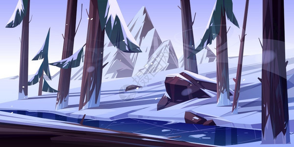松林湖雪冬天自然景观卡通矢量图插画