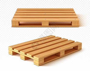 木板木材Wooden托盘前方和角度视图装货和运输用的木托盘货运仓储服务设备以透明背景的现实3d矢量图解隔离Wooden托盘前方和角度视图插画