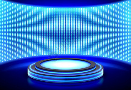 LED照明电钻尼昂讲台LED视频墙屏幕上的空舞台产品展示或时装表演的首选舞池亮的蓝色圆环场景现实的三维矢量图解Neon讲台LED视频墙屏幕上的插画
