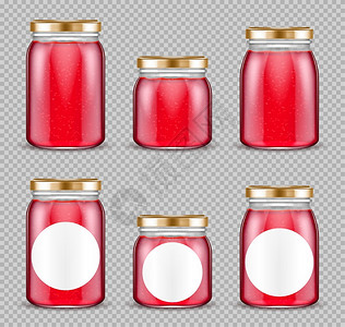 红色罐子果冻罐装有粉色果冻的玻璃容器带盖的果冻盒在透明背景下隔开的不同尺寸空保护管现实3D矢量装置果冻容器玻璃插画