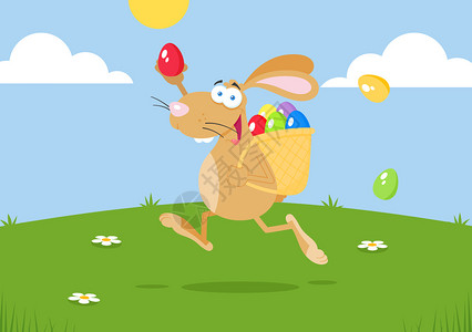 带篮子和鸡蛋运行的复活节兔子卡通字符图片