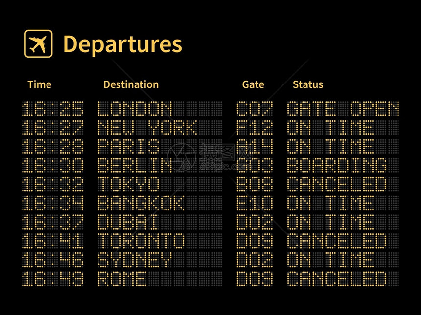 飞机起和终点站登机时间表信息浅黄点字母和黑板号码仪表登机状态矢量概念飞行时间表机场领板仪表矢量概念飞行时间表图片