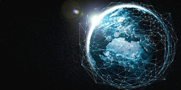 5G无线数字连接概念和在互联网上事物的未来3D插图全球网络连接以创新概念的线路覆盖地球背景图片