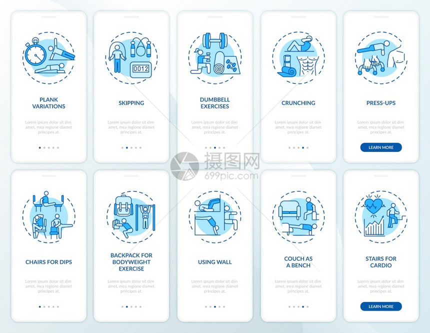Gym运动替代品通过5步图形指示UI矢量模板配有RGB彩色插图图片
