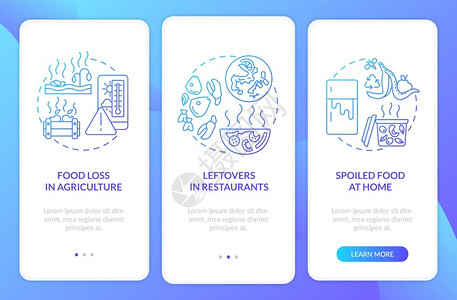 腐烂的食物带概念的可生物降解废登入移动应用程序页面屏幕农场剩余废物腐烂食通过三步图示指配有RGB颜色插图的UI矢量模板插画