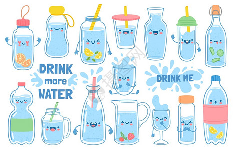 透明水瓶矢量多喝水手绘可爱卡通水瓶水杯插画