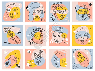 女现代抽象海报一排妇女肖像脸和手拿着鲜花叶子一队妇女画像脸和手拿着花叶子一队妇女画像脸和手拿着花叶背景图片