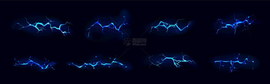 电闪雷击夜间暴风雨中蓝色的电雷击撞裂缝神奇能量闪电动放现实的3D矢量螺栓设置在黑色背景上电闪夜间暴雨中击图片
