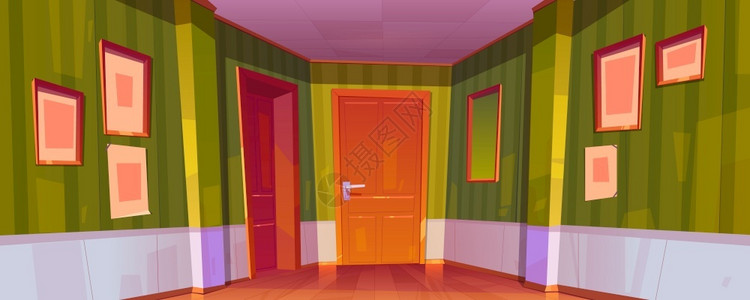 绿色房间室内走廊门对房绿色墙纸图片框和面镜子的封闭式门对图片框和镜子对墙面的封闭式门对图片框和镜子的封闭式门对房旅馆或办公室的空走廊矢量插画