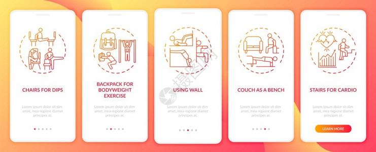 童模培训Gym培训替代方法在带有概念的移动应用程序页面屏幕上登移动应用程序的替代方法Couch作为板凳使用墙壁走过5步图形指示UI病媒模插画