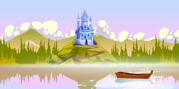 家藏山湖毛笔字岛上靠近码头的魔法城堡插画