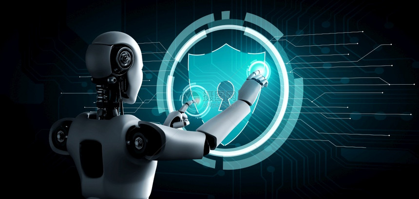 AI使用网络安全保护信息隐私的机器人使用工智能和机器学习程序预防网络犯罪的未来概念3D提供插图机器人使用网络安全保护信息隐私图片