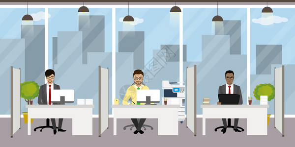 现代办公室经理在工作场所三个字符缩放矢量插图背景图片