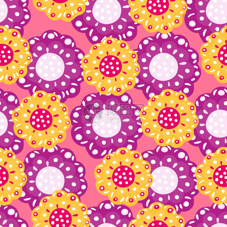 抽象无缝装饰图案印有紫色和黄的民间花蕾粉色背景设计用于织物纺品印刷包装封面矢量图解光亮无缝的装饰图案印有紫色和黄的民间花蕾粉色背图片