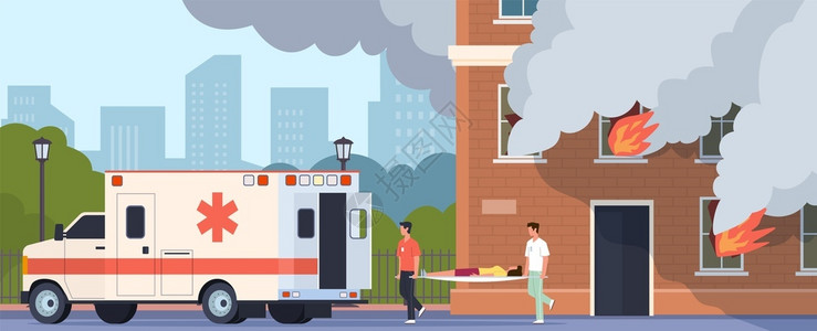 大概率事件大楼着火救护人员将妇女送上救护车卡通矢量插画插画