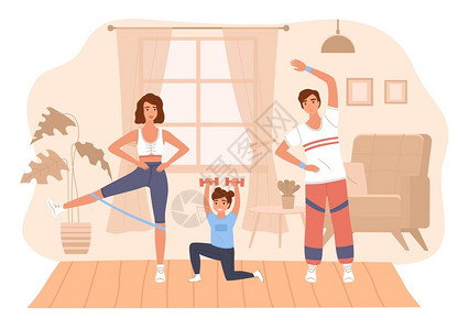 户外运动健身跳绳的年轻男性家庭父母和女儿在室内做运动的卡通插画插画