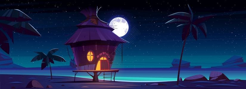月亮酒店热带岛屿上的海滩小屋插画