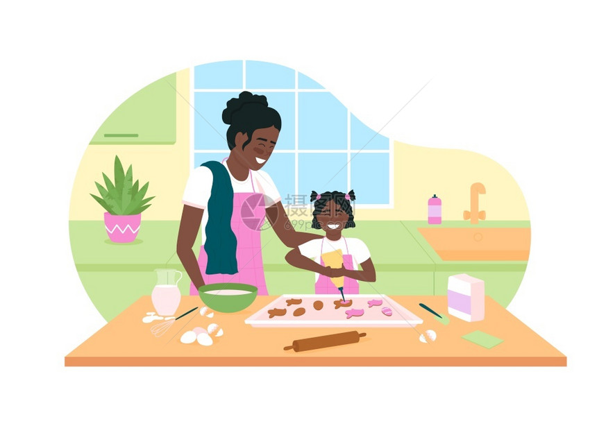 快乐的非洲母亲和女儿烘烤饼干美国快乐的母亲和女儿2D矢量网络横幅海报卡通背景上的家庭固定人物复活节准备可打印的补丁多彩网络元素快图片
