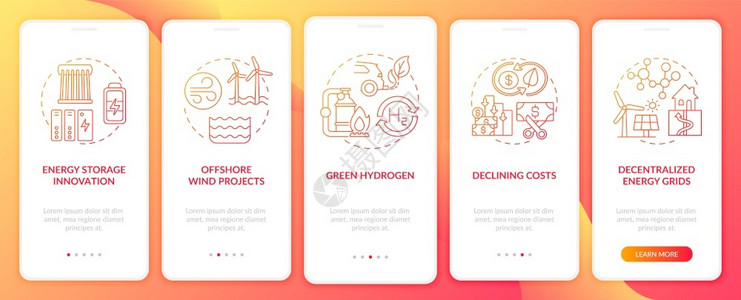 成本下降包含概念的移动应用程序页面屏幕上分散能源网格降低成本和绿色氢横穿5步图形指示配有RGB彩色插图的UI矢量模板带有概念的分散能源网插画