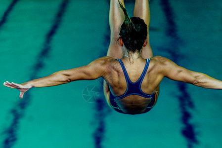 女潜水员从板跳进游泳池高清图片