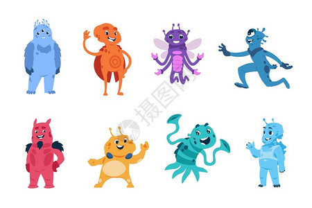 外星异形卡通地怪兽可爱的陌生人和细菌吉祥物有趣的多彩虚构生物短片孤立的微笑宇宙探索者矢量异形可爱的陌生人或和细菌吉祥物小说生的有背景图片
