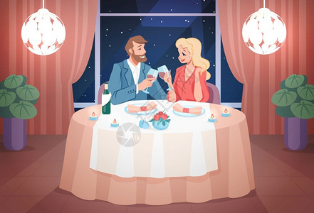喝葡萄酒的女人喜马拉雅的情侣用烛光吃晚饭快乐的男女坐在餐桌边晚上喝酒室内在咖啡馆见面的矢量场餐厅日期浪漫的夫妇用蜡烛吃晚饭快乐的男女坐在桌边咖插画